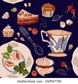 Tea seamless pattern, teapot, cups, sweets, bakery. Tea party background 