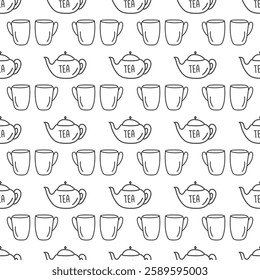 Tea seamless pattern with teapot and mug. Texture pattern with tea party, black objects and signs isolated on white background. hand drawn wallpaper template. flat vector illustration