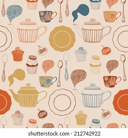 Tea seamless pattern with teapots, cups, saucers, berries, cupcakes. Vector illustration.