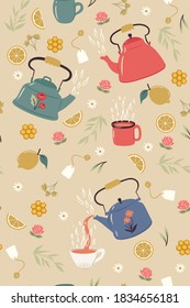 Tea seamless pattern with teapots and mugs. Vector graphics