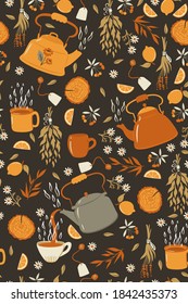 Tea seamless pattern with teapots and mugs. Vector graphics