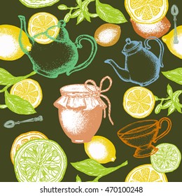 Tea seamless pattern vintage art set