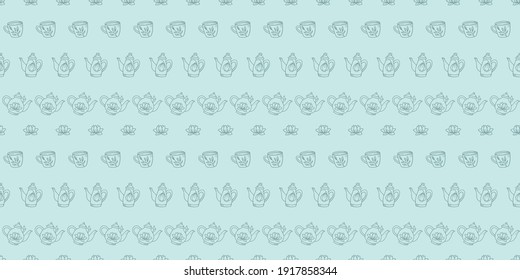 Tea seamless repeat pattern background, vector floral teapots, seamless pattern.