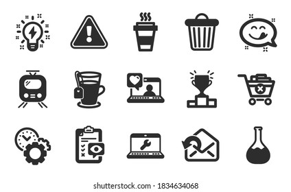 Tea, Send mail and Takeaway icons simple set. Inspiration, Laptop repair and Remove purchase signs. Eye checklist, Time management and Trash bin symbols. Flat icons set. Vector
