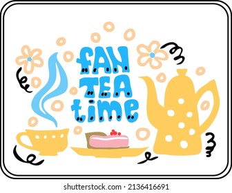 Tea service, garden flowers and cakes. Set of tea time elements. Vector illustration.