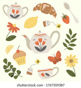 Tea service, garden flowers and snacks. Set of tea time elements. Vector illustration. 