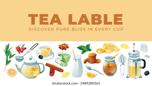 The tea service is horizontal. Vector illustration. Tea ceremony, tea plate, breakfast and cafe menu