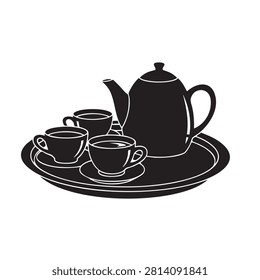 Tea service set including traditional teapot and three ceramic cups arranged on round serving tray silhouette vector style illustration isolated on white background representing hospitality cafe culture breakfast time or afternoon tea breaks black graphic art suitable for restaurant menus and signs.