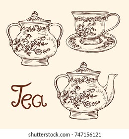 Tea service: sugar bowl, cup and saucer, teapot with roses and leaves ornament, hand drawn doodle, simple sketch in pop art style, vector black and white illustration