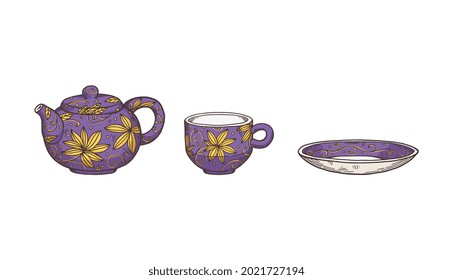 Tea service or tea-set with pot and cup, sketch vector illustration isolated on white background. Teapot and cup with saucer crockery in hand drawn style.
