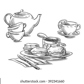 Tea Serving. Tea And Scones. Vector Sketch