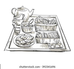 Tea serving. Vector sketch. 