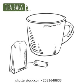 Tea set. Tea bag and cup. Vector sketch. Healthy lifestyle.