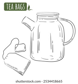 Tea set. Tea bag and teapot. Vector outline sketch. Healthy lifestyle.