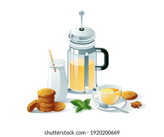 Tea set black, herbal. French press, cups, tea bag, lemon,mint, milk, cookies. Objects are isolated on a white background.