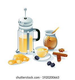 Tea set black, herbal. Teapots, cups, tea bag, lemon, berries, ginger, honey, cinnamon. Objects are isolated on a white background.