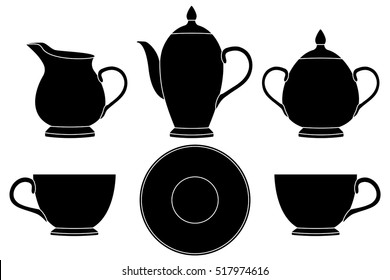 Tea set. Black silhouette icons. Vector illustration isolated on white background