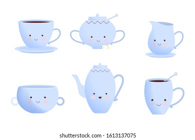 tea set, blue mugs, teapot, sugar bowl, thrush. Cute items