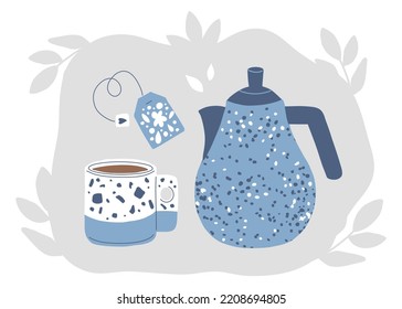 Un juego de té para el desayuno. Una taza con café, té y hervidor de agua. Vajilla de mármol hecha a mano