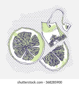 Tea set for breakfast - the lemon and tea bag - cartoon sketch - vector illustration