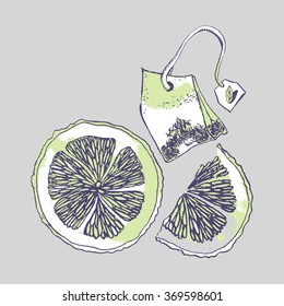 Tea set for breakfast - the lemon and tea bag - cartoon sketch - vector illustration