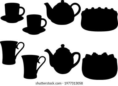 Tea set with cake, mugs and teapot.