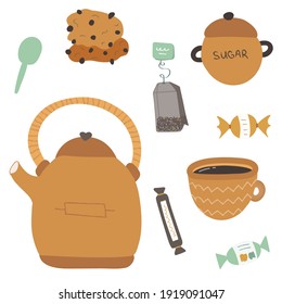 Tea set with the candies of different shapes, oatmeal cookie with chocolate, sugarcane, teabag, teapot, spoon. Vector hand drawn clipart with textures. For sticker, scrapbooking, fabric, social media
