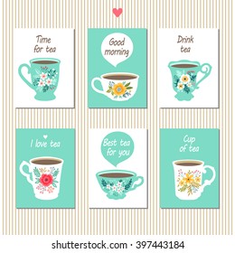 Tea set cards. Set of beautiful cups for your design. Cup of tea. Mugs with flowers. Collection of teacups.