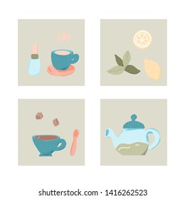 Tea set of cards. Cups and kettele. Hot beverage stuff. Vector illustration. 