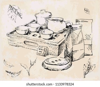 Tea set, china and japan herbal tea. Healthful drink