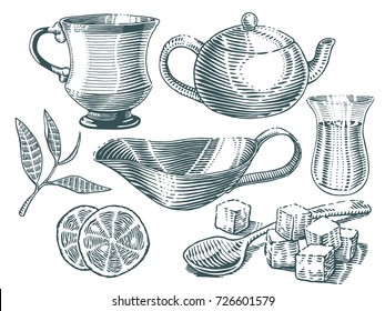 Tea set. Collection of hand drawn sketches in engraving style. Cup, mug, spoon with sugar cubes, sauce boat, turkish glass, kettle, lemon and leaf. Vintage vector elements isolated on white background