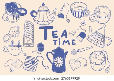 Tea set collection with teapot cups and accessories hand drawn style