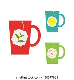 tea set in color cups and bags. Flat vector illustration isolate on a white background