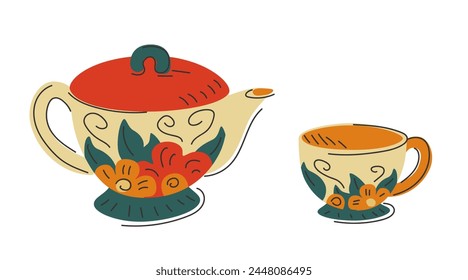 Tea set. Colorful teapot and mug. Floral ornament. Decorative tableware. Items that make the house cozy