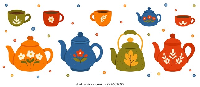 Juego de té con teteras y tazas de colores en una fila con Pequeños puntos decorativos. Para menús de cafetería, embalaje, pegatinas, carteles, Anuncios de Web.