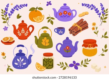 Conjunto de chá com bules coloridos, copos, geleia, canela, fatias cítricas, hortelã e lavanda. Para menus, embalagens, adesivos e cartazes.