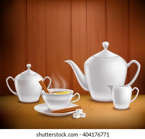 Tea set composition with pot hot teacup and milk jug on table near wooden wall vector illustration 