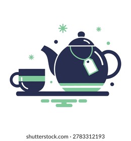 A tea set consisting of a cup and teapot on a tray, with green and blue colors, perfect for food and drink related concepts