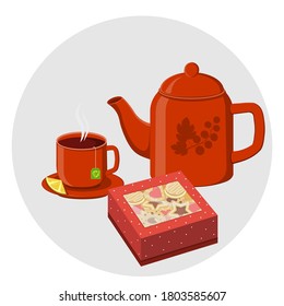 Tea set with cookies in a gift box, color vector illustration isolated on a white background, clipart, design, decoration, icon, sign, sketch, banner, logo