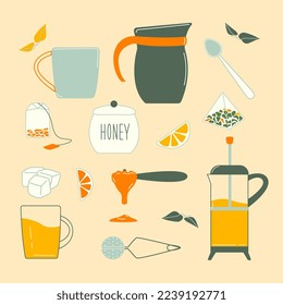 Tea set, cup of tea, bagged tea, kettle, teapot, lemon, leaves, honey, spoon for honey