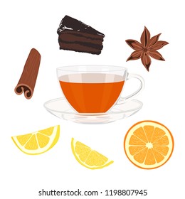 Tea set. Cup and saucer, tea, cakes, star anise, chocolate chip, orange, lemon, cinnamon stick isolated on white background. Vector.