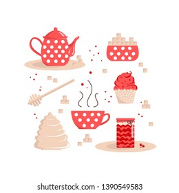 A tea set, cupcake, honey, sugar and jam in a glass jar. Elements isolated on white for restaurant and cafe menu. Vector set.