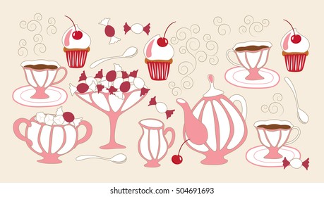Tea set and cupcakes.