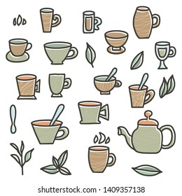 Tea set. Cups and kettele. Hot beverage stuff. Vector illustration. 