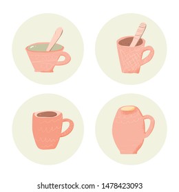 Tea set. Cups and kettele. Hot beverage stuff. Vector illustration. 