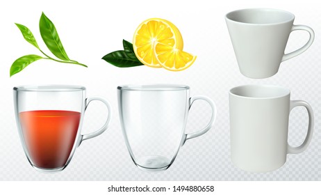 A tea set . Cups, tea leaves, lemon slice, hot drink