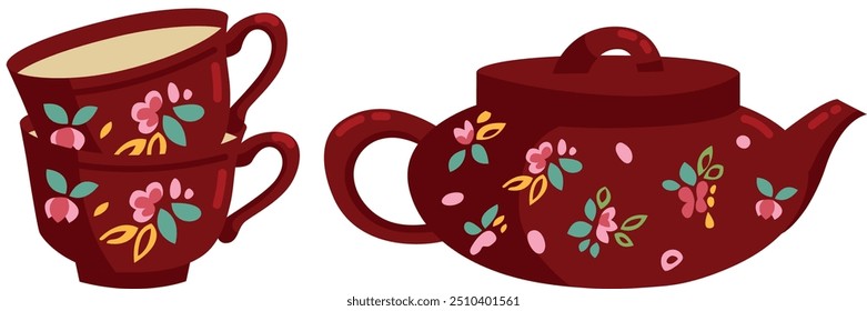 Tea set in cute color style. Decorative scandinavian teapot and cups