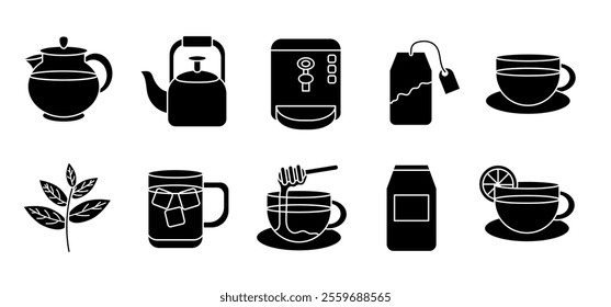 Tea set design illustration template elements, tea party essentials vector image, tea and teapot icon set, tea drink silhouette clipart