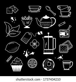 Tea, a set of different linear drawings on the theme of tea drinking, can be used as icons. Vector, white on black background, isolated.