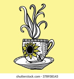 A tea set. Dinner. Decorative cups. Kettle. Line art. Background. Stylized flowers. Leaves.